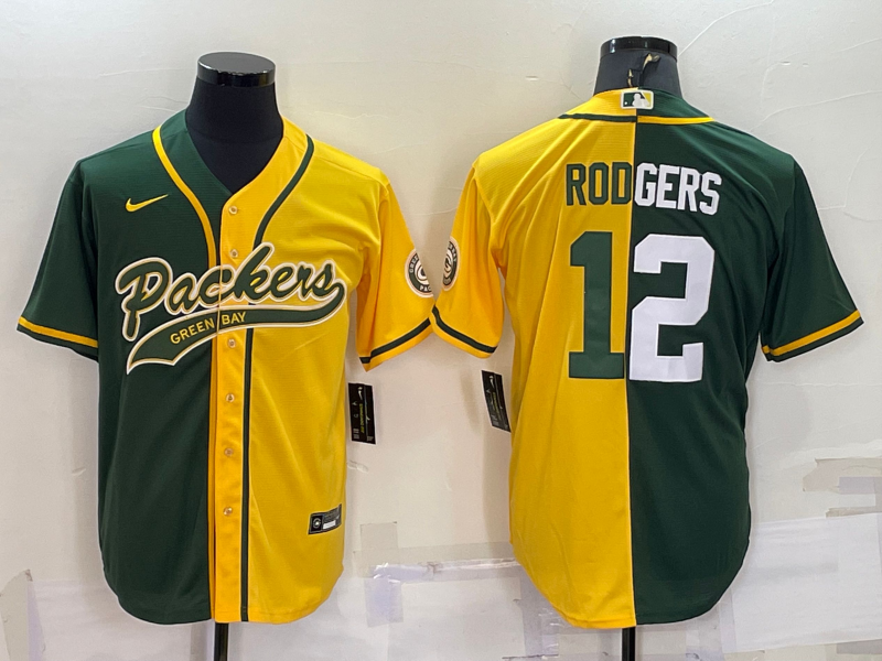 Men's Green Bay Packers Aaron Rodgers #12 Green/Yellow Game Jersey1 Joint Edition football jersey product view 1