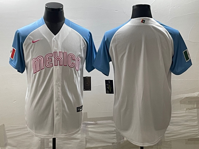 Men's 2023 World Baseball Classic Mexico White/Blue Blank Jersey baseball jersey product view 1