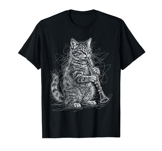 Cat Playing Clarinet Music Funny Musician T-Shirt - Trendy Graphic Unisex - T-Shirt, Sweatshirt, Hoodie