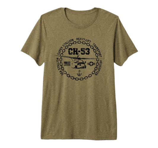 Ch 53 Military Helicopter Distressed Tri T-Shirt - Novelty Apparel Unisex - T-Shirt, Sweatshirt, Hoodie