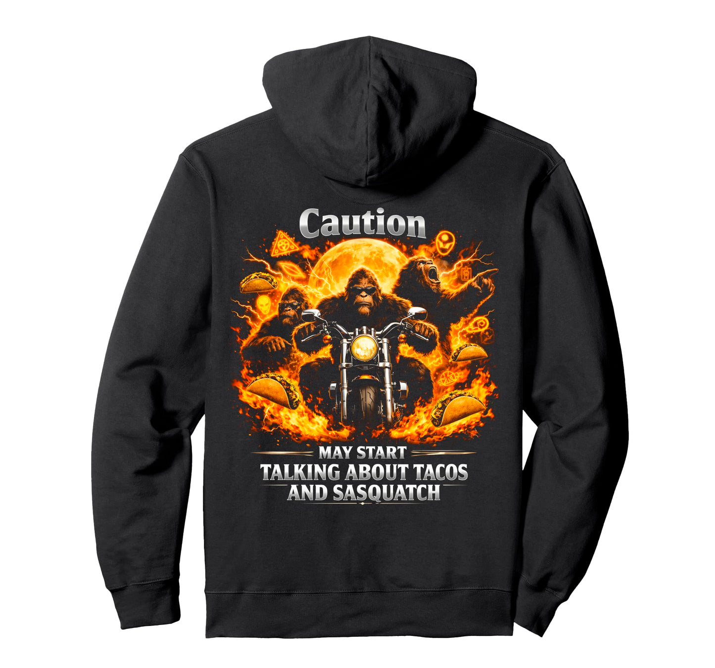 Bigfoot Biker Taco Funny Sasquatch Rider Hoodie - Graphic Print for Adults - T-Shirt, Sweatshirt, Hoodie