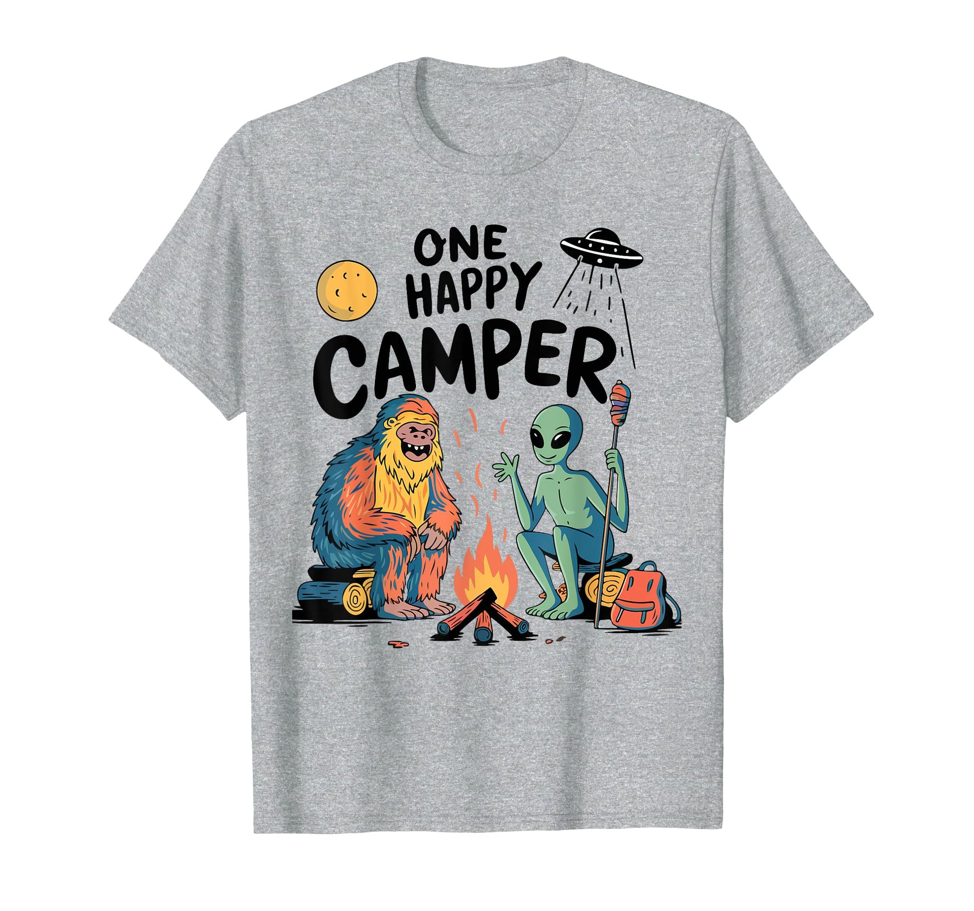 Alien Bigfoot Campfire One Happy T-Shirt - Custom Art Print Men Women - T-Shirt, Sweatshirt, Hoodie