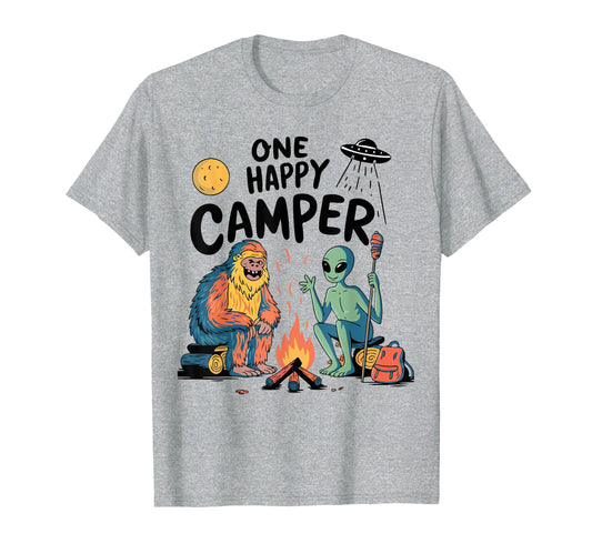 Alien Bigfoot Campfire One Happy T-Shirt - Custom Art Print Men Women - T-Shirt, Sweatshirt, Hoodie