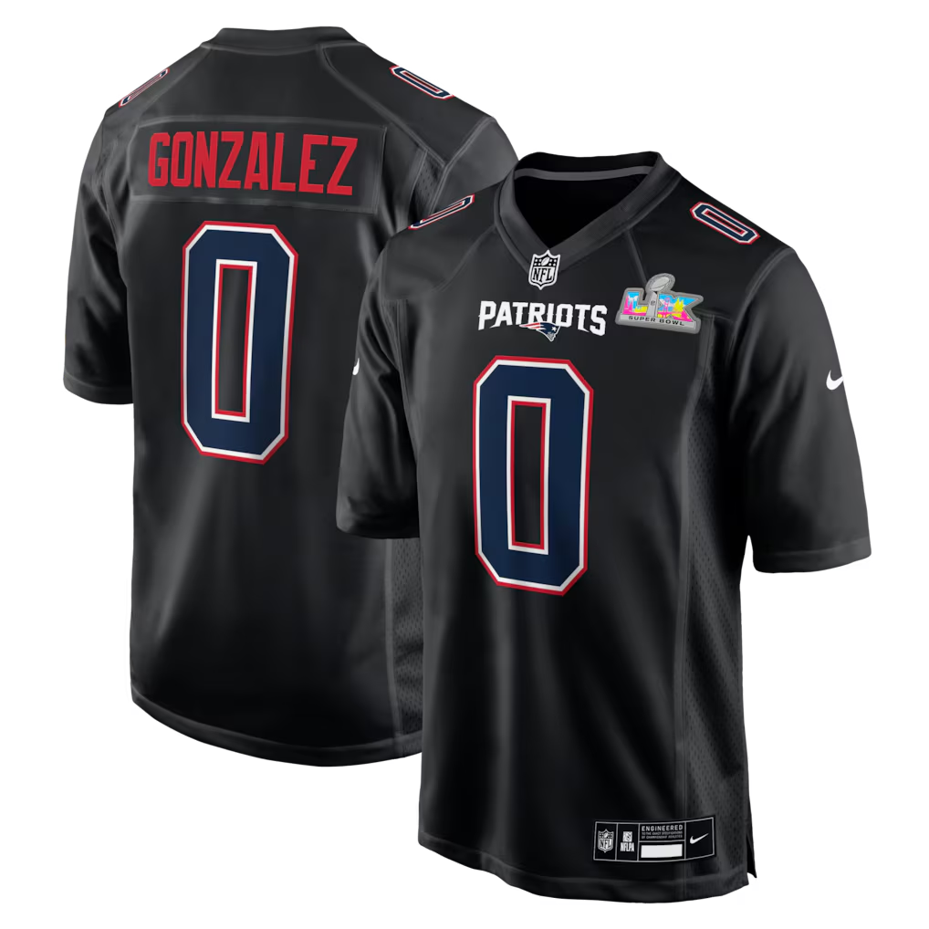 Men's New England Patriots Christian Gonzalez Black Super Bowl LX Patch Carbon Fashion Game Jersey football jersey product view 1
