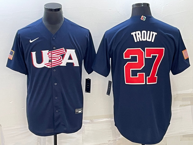 Men's 2023 World Baseball Classic Mike Trout USA Navy Jersey baseball jersey product view 1