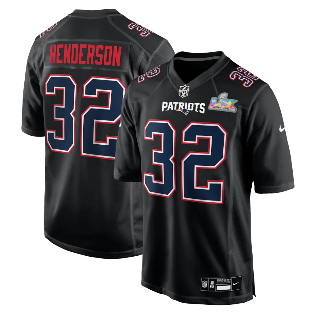 Men's New England Patriots TreVeyon Henderson #32 Black Super Bowl LX Patch Carbon Fashion Game Jersey football jersey product view 1