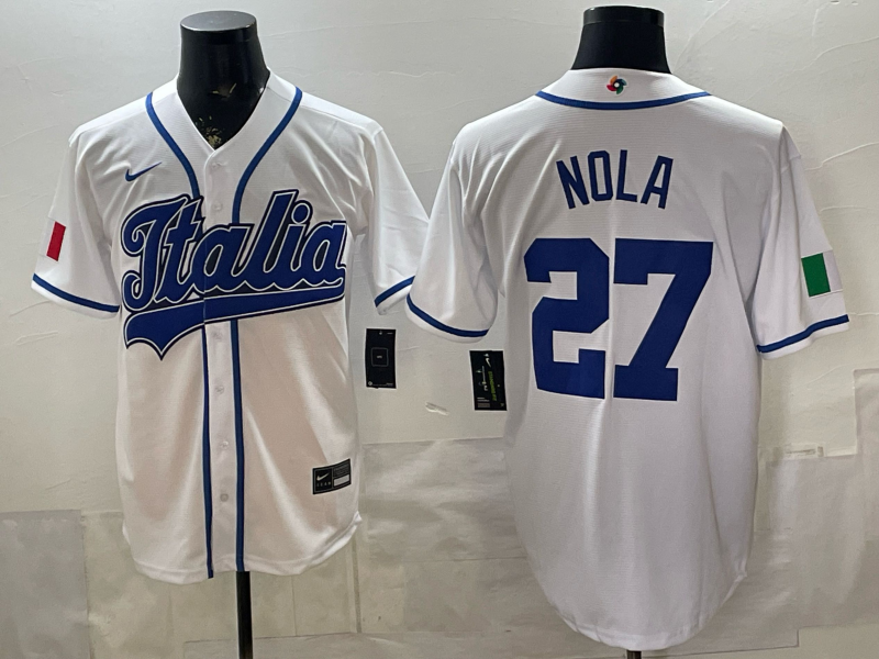Men's Italy Baseball Aaron Nola #27 White 2026 World Baseball Classic Stadium Jersey baseball jersey product view 1
