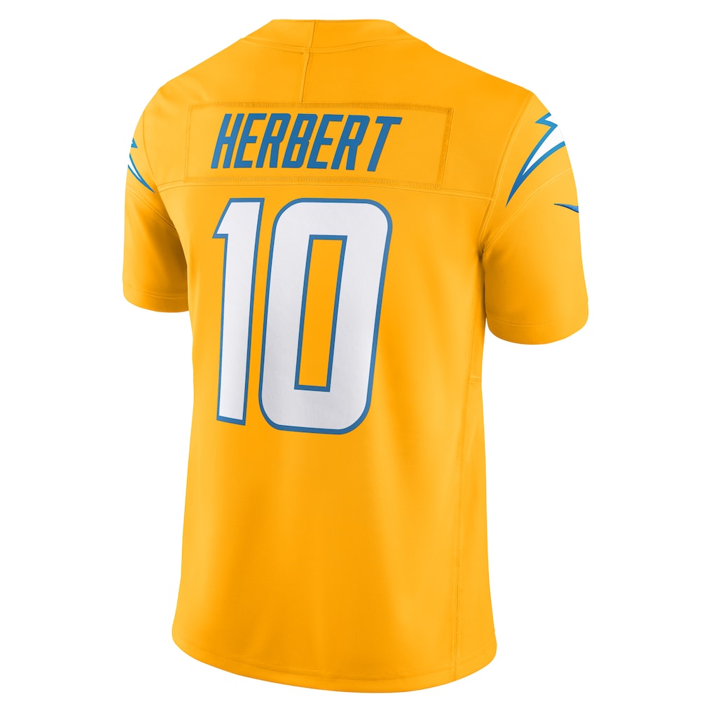 LA.Chargers #10 Justin Herbert Gold Alternate Charger Power Vapor F.U.S.E. Limited Jersey football jersey product view 1