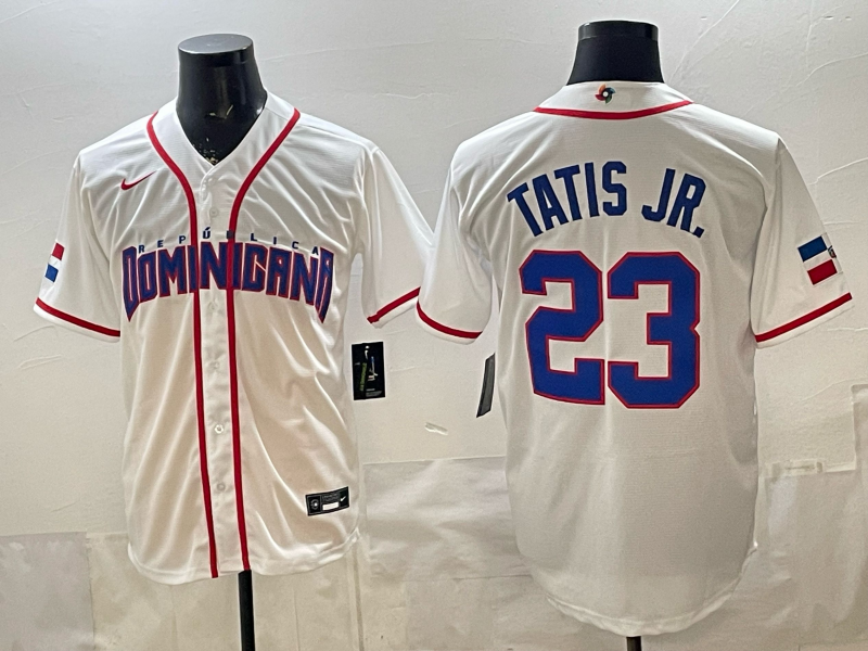 Men's Dominican Republic Baseball Fernando Tatis Jr. #23 White 2026 World Baseball Classic Stadium Jersey baseball jersey product view 1