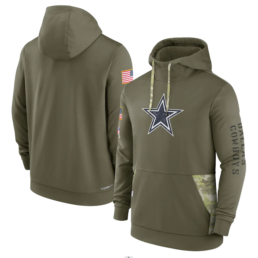 Men's Dallas Cowboys Olive 2022 Salute to Service Therma Performance Pullover Hoodie football jersey product view 1