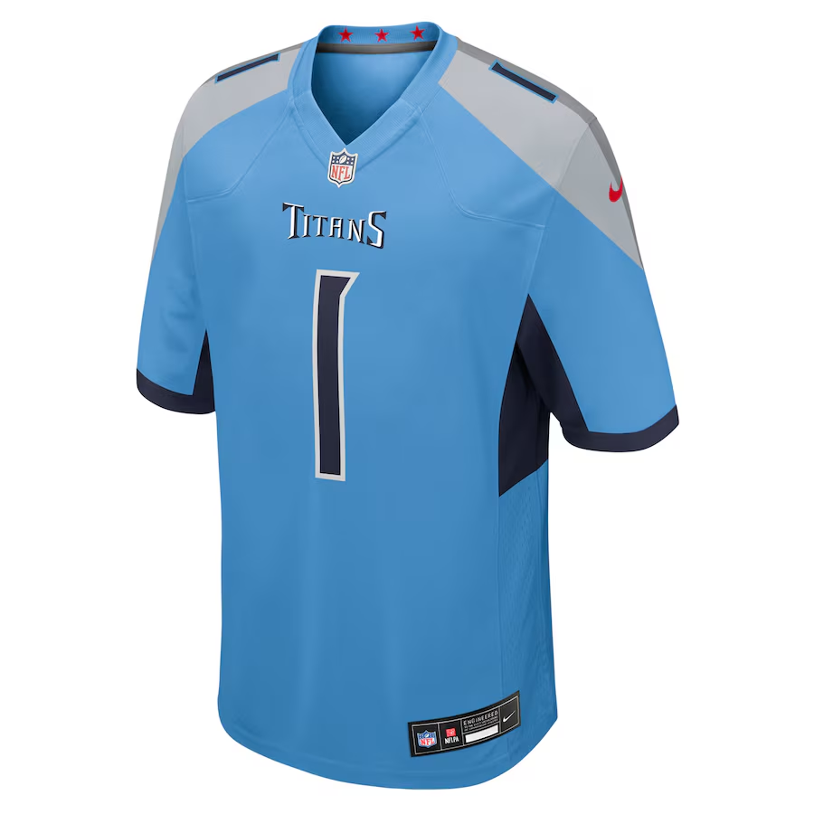 Tennessee Titans Cameron Ward Light Blue 2025 NFL Draft First Round Pick Game Jersey football jersey product view 2