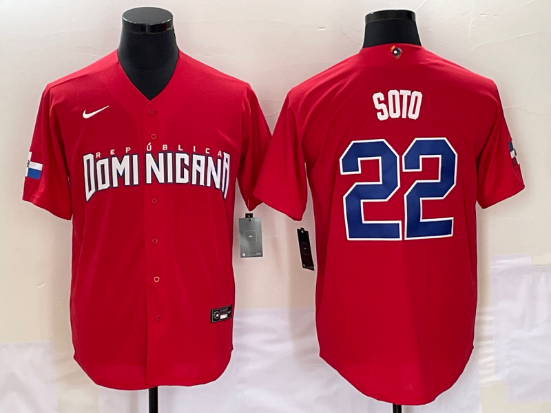 Men's 2023 World Baseball Classic Juan Soto Dominican Republic Red Jersey baseball jersey product view 1
