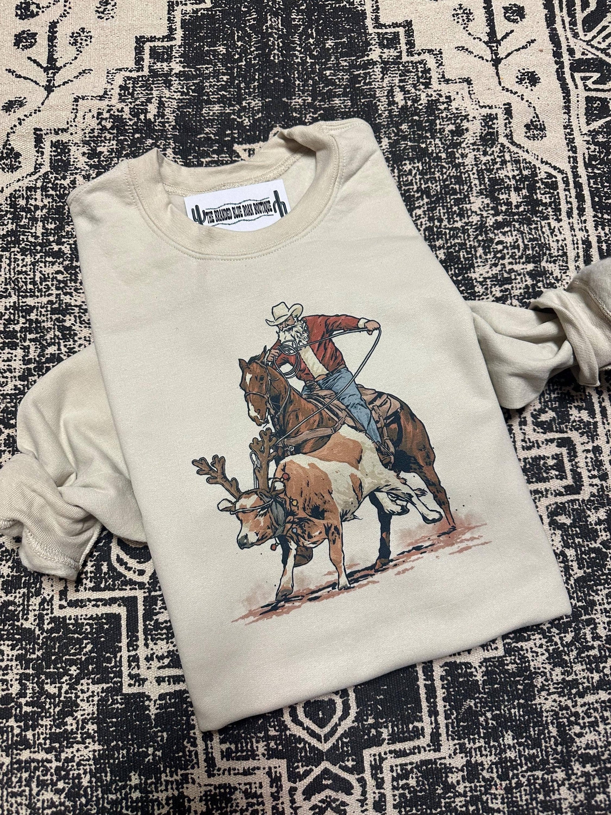 Western Christmas Roping Santa Pullover T-Shirt, Plus Size Unisex T-shirt, Sweatshirt, Hoodie, Long Sleeve Tee - T-Shirt, Sweatshirt, Hoodie