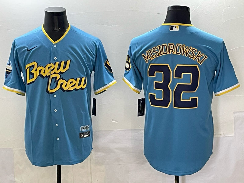 Men's Milwaukee Brewers Jacob Misiorowski #32 Powder Blue City Connect Replica Player Jersey baseball jersey product view 1
