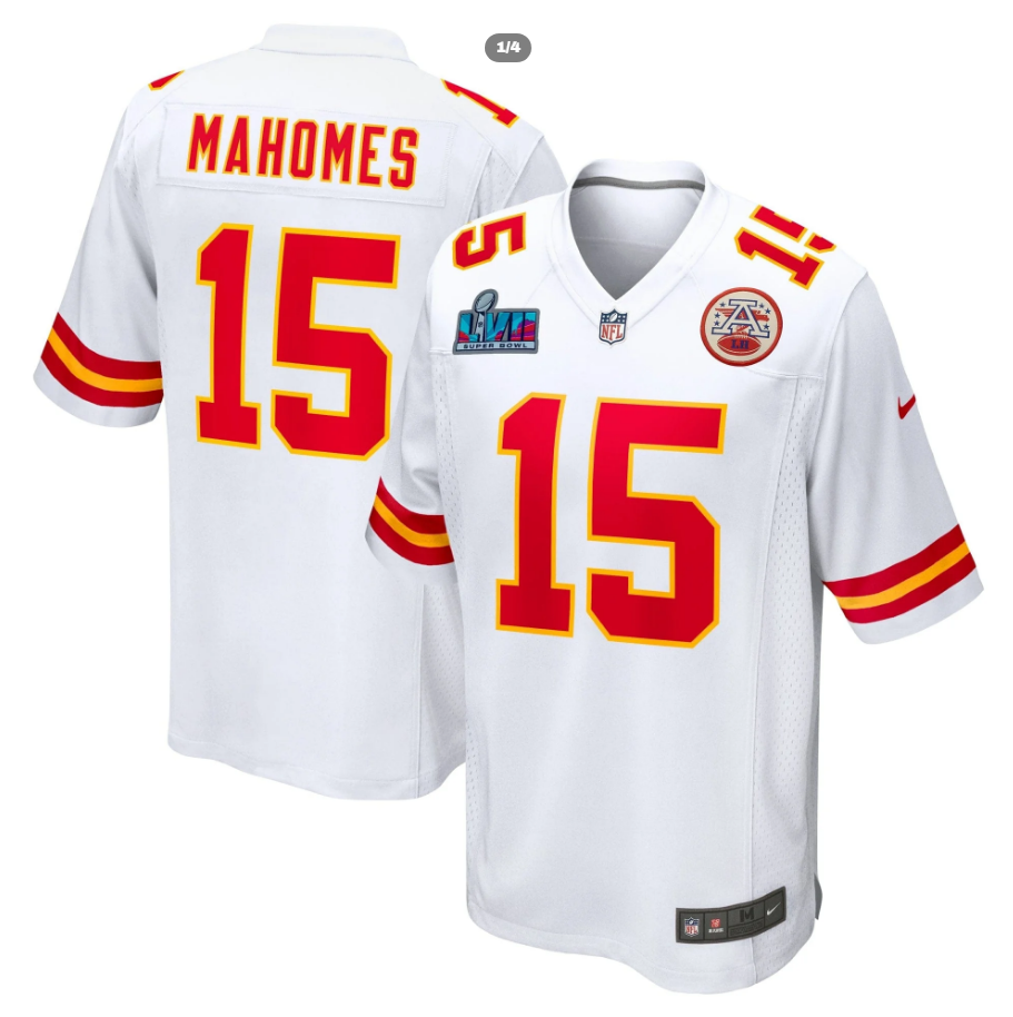 Patrick Mahomes Kansas City Chiefs Super Bowl LVII Patch Away Game Jersey - White football jersey product view 1