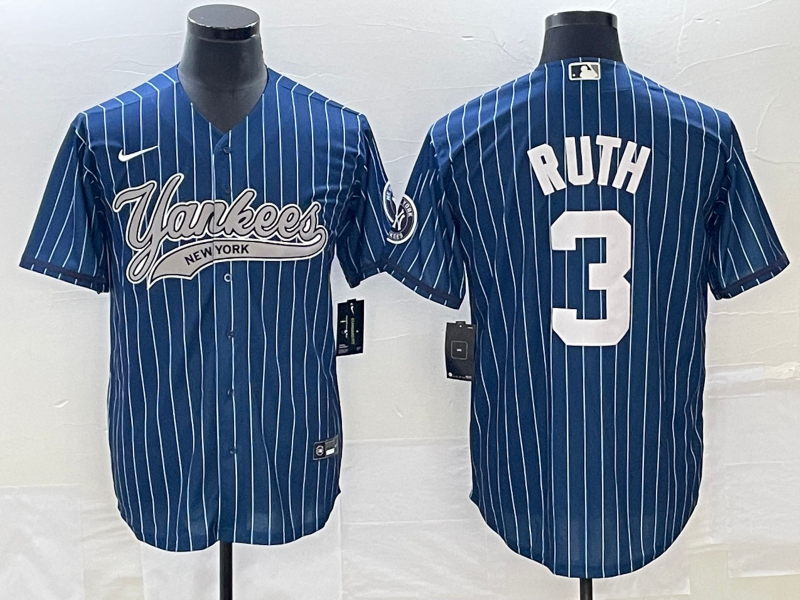 Men's New York Yankees Babe Ruth #3 Blue Player Jersey Joint Edition baseball jersey product view 1