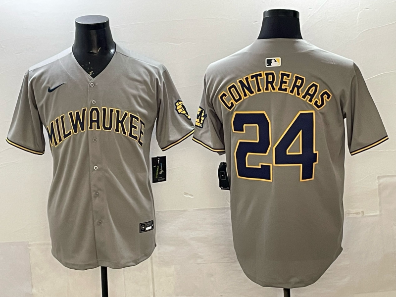 Men's Milwaukee Brewers William Contreras #24 Grey Replica Player Jersey baseball jersey product view 1