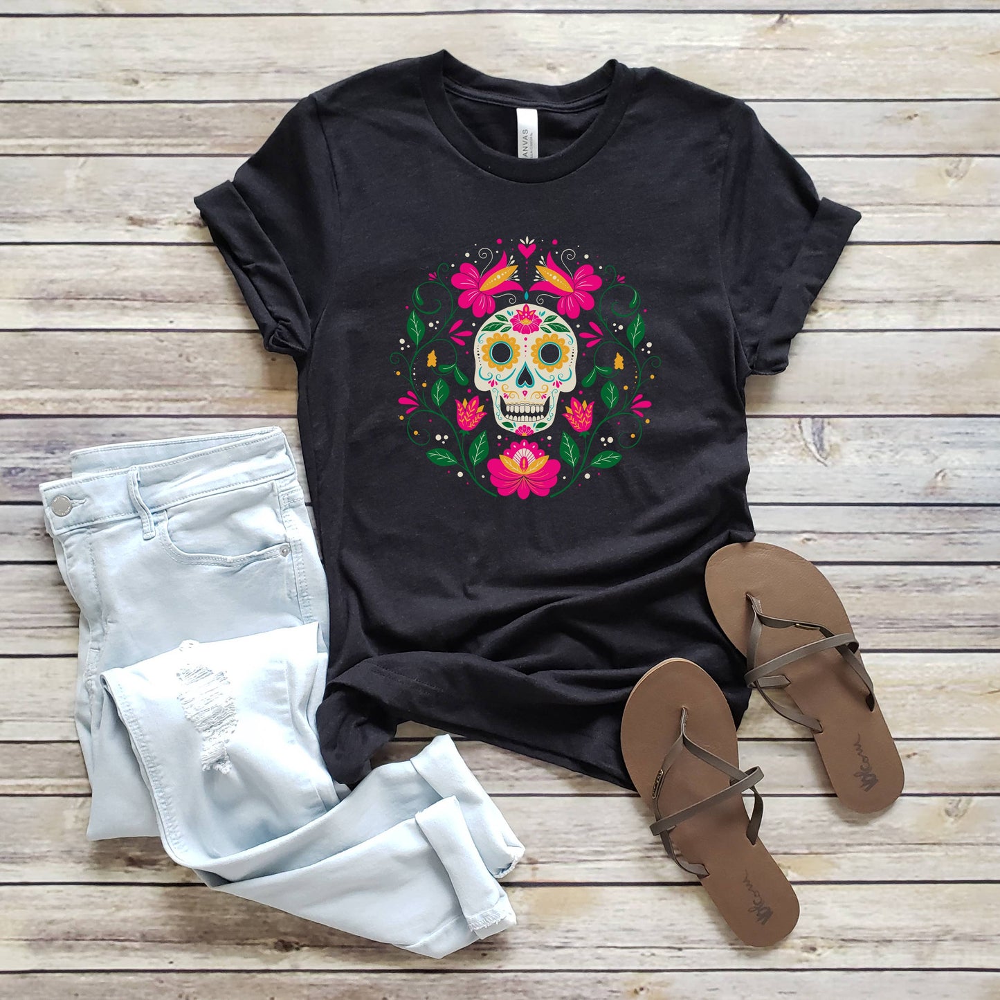 Floral Day of the Dead Tee | Halloween | Sizes XS-2XL Unisex T-shirt, Sweatshirt, Hoodie, Long Sleeve Tee - T-Shirt, Sweatshirt, Hoodie