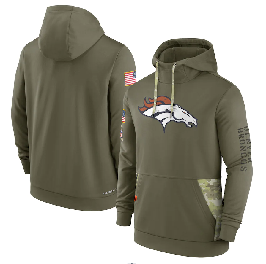 Men's Denver Broncos Olive 2022 Salute to Service Therma Performance Pullover Hoodie football jersey product view 1