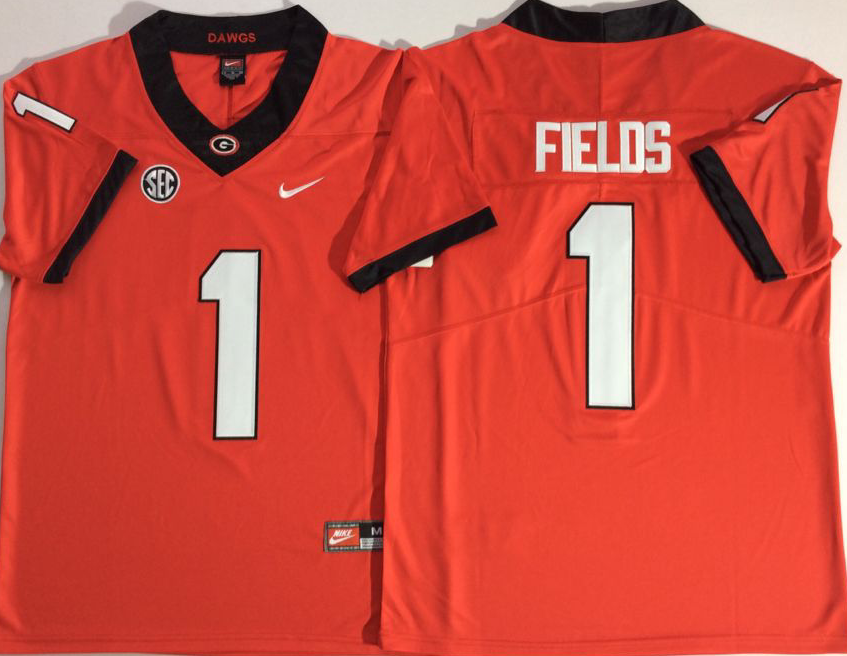 Men's Georgia Bulldogs Justin Fields #1 Red Player Game Jersey sports jersey product view 1