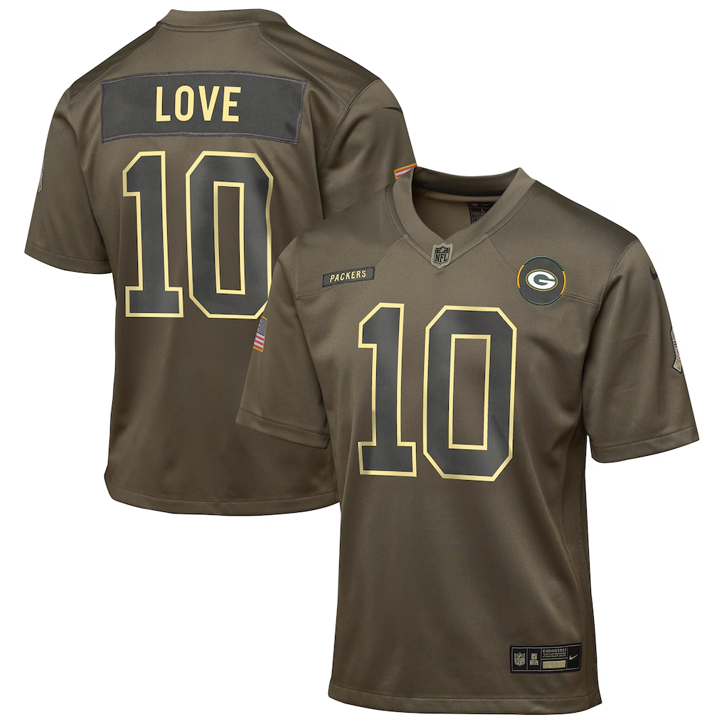 Youth Green Bay Packers Jordan Love Olive 2025 Salute to Service Game Jersey basketball jersey product view 1