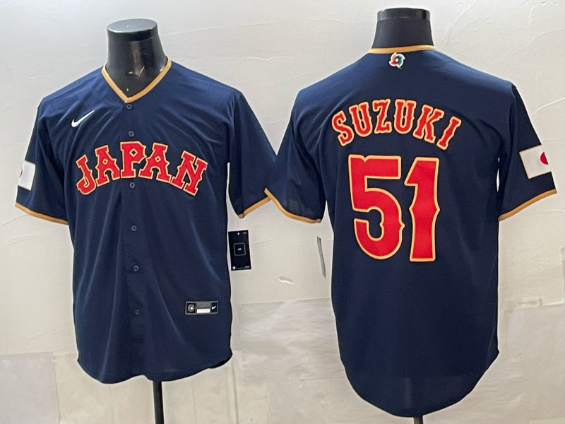 Men's Japan Baseball Seiya Suzuki #51 Navy 2026 World Baseball Classic Stadium Jersey baseball jersey product view 1