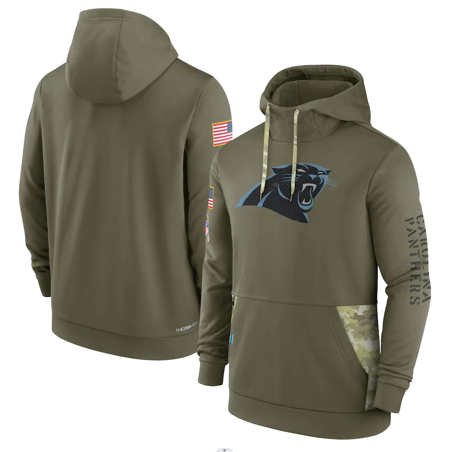 Men's Carolina Panthers Olive 2022 Salute to Service Therma Performance Pullover Hoodie football jersey product view 1