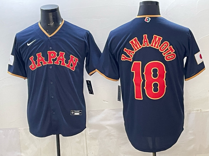 Men's Japan Baseball Yoshinobu Yamamoto #18 Navy 2026 World Baseball Classic Stadium Jersey baseball jersey product view 1