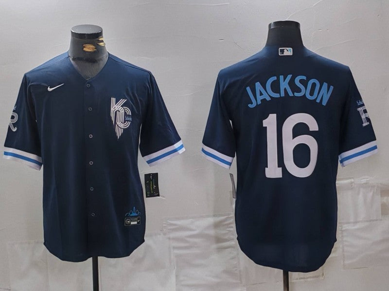 Men's Kansas City Royals Bo Jackson #16 Navy City Connect Retired Player Jersey baseball jersey product view 1
