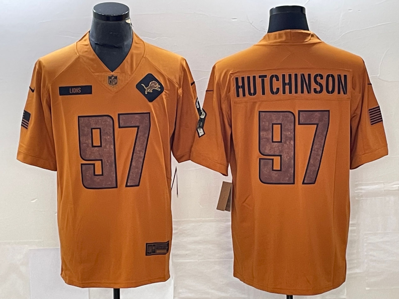 Men's Detroit Lions Aidan Hutchinson #97 Brown 2023 Salute To Service Retired Player Limited Jersey1 football jersey product view 1