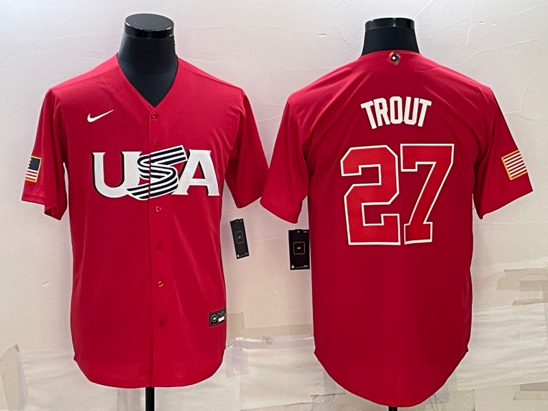 Men's 2023 World Baseball Classic Mike Trout USA Red Jersey baseball jersey product view 1