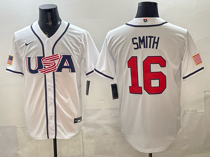 Men's USA Baseball Will Smith #16 White 2026 World Baseball Classic Stadium Jersey baseball jersey product view 1