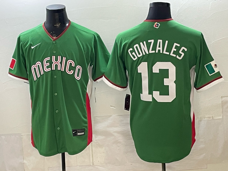 Men's Mexico Baseball Nick Gonzales #13 Green 2026 World Baseball Classic Stadium Jersey baseball jersey product view 1