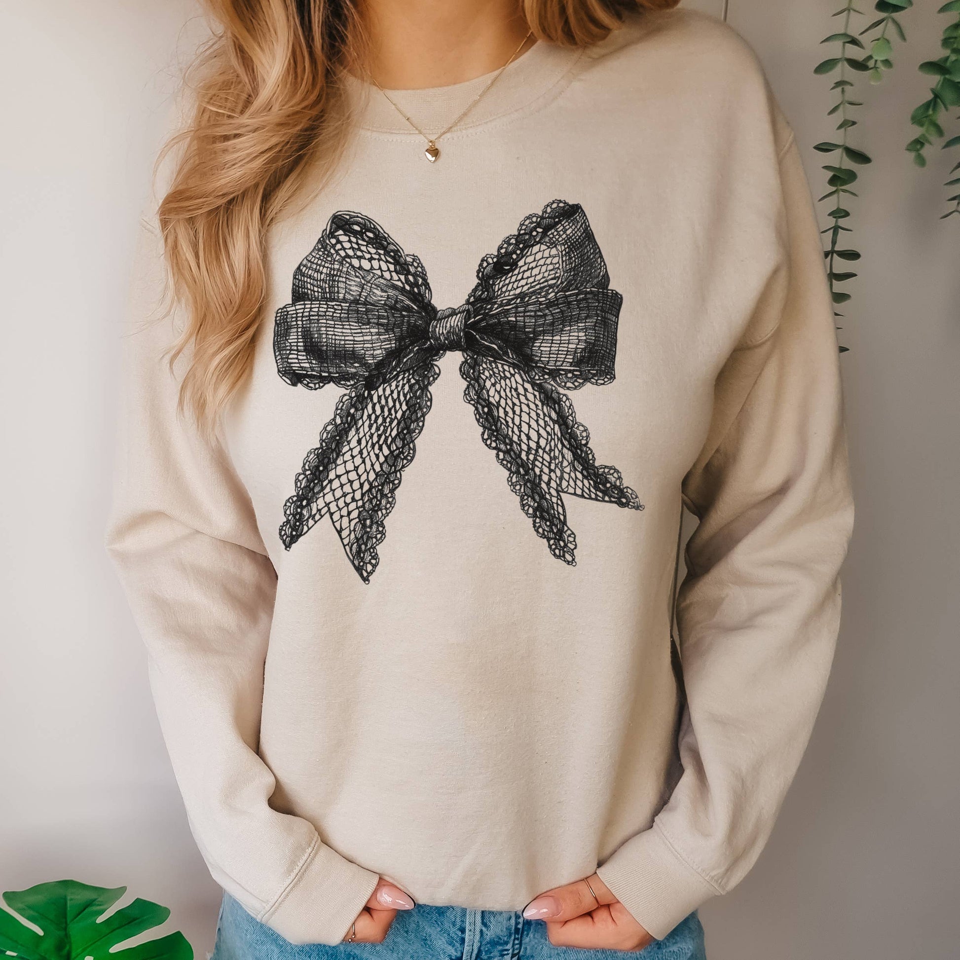 Black Lace Bow Crewneck Sweatshirt | Everyday | Sizes S-2XL Unisex T-shirt, Sweatshirt, Hoodie, Long Sleeve Tee - T-Shirt, Sweatshirt, Hoodie