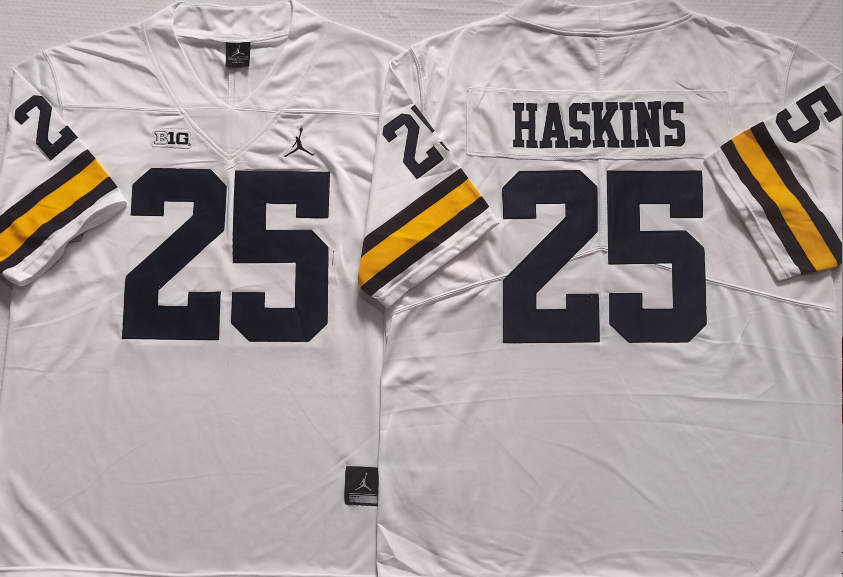 Men's Michigan Wolverines Hassan Haskins White Alumni Player Game Jersey sports jersey product view 1
