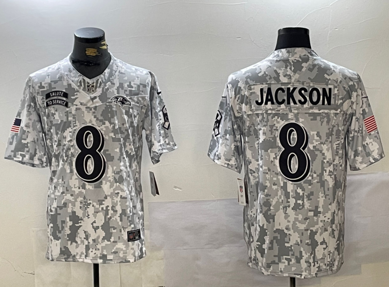 Men's Baltimore Ravens Lamar Jackson Arctic Camo 2024 Salute to Service Limited Jersey football jersey product view 1