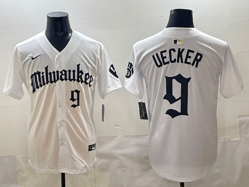 Men's Milwaukee Brewers Bob Uecker #9 White Replica Player Jersey baseball jersey product view 1