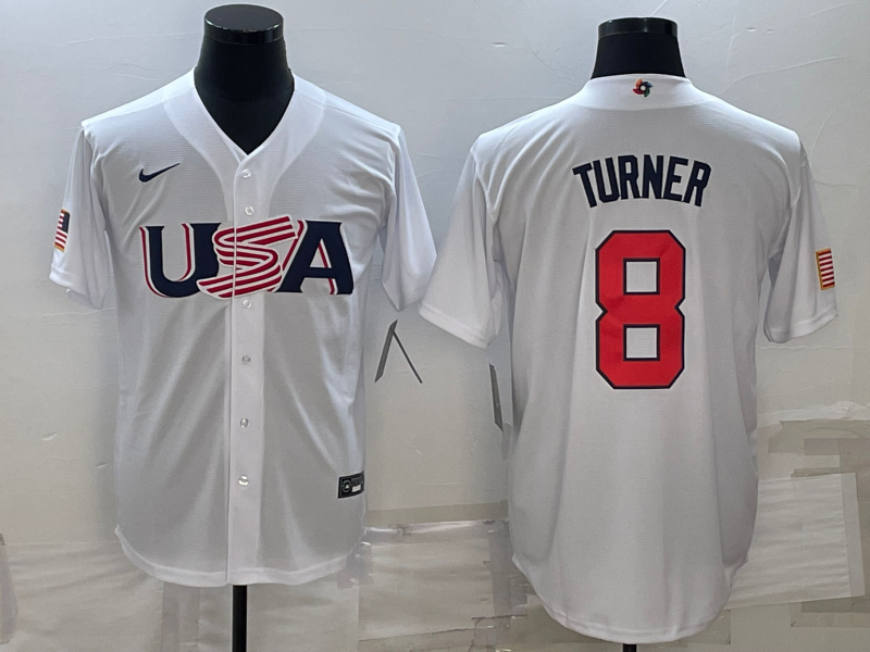 Men's 2023 World Baseball Classic Trea Turner USA White Jersey baseball jersey product view 1