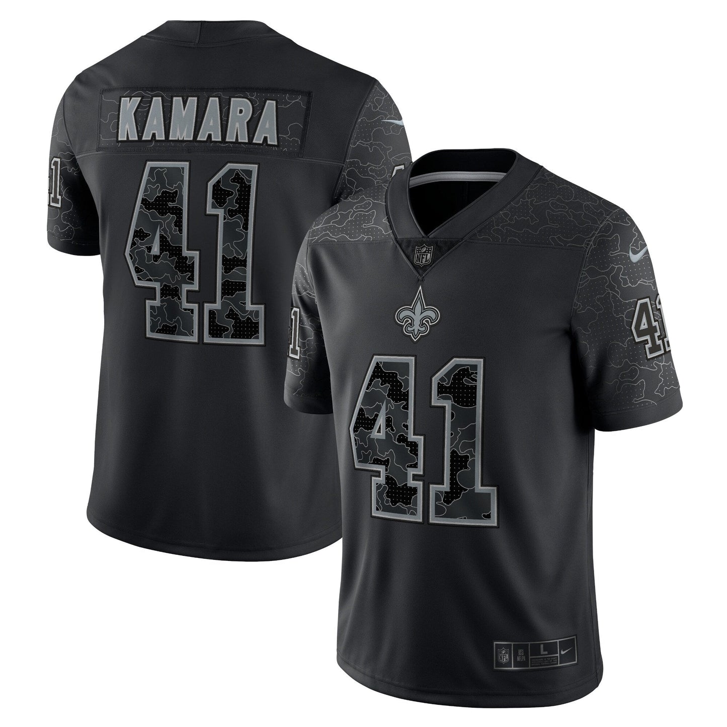 Alvin Kamara New Orleans Saints RFLCTV Limited Jersey - Black football jersey product view 1