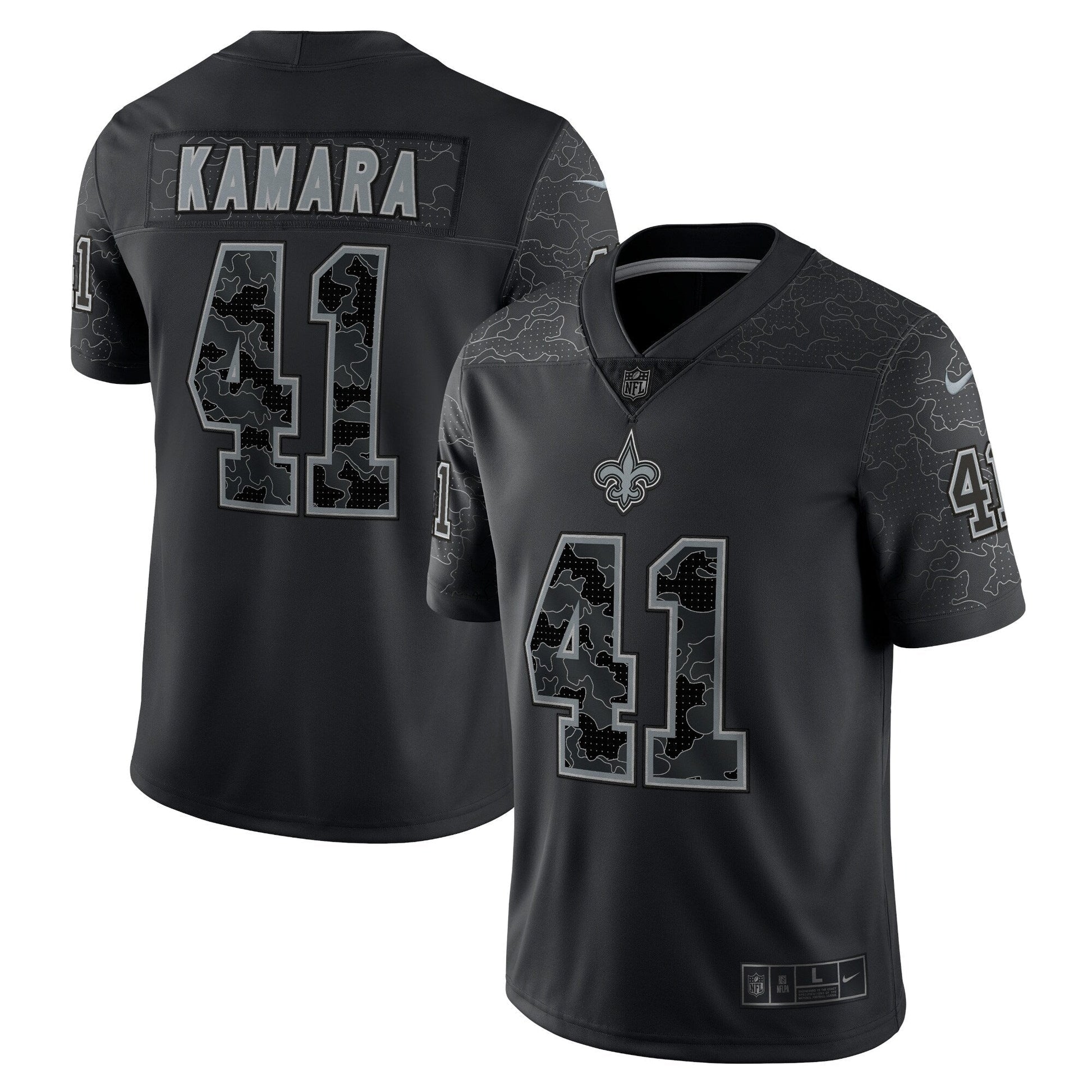 Alvin Kamara New Orleans Saints RFLCTV Limited Jersey - Black football jersey product view 1