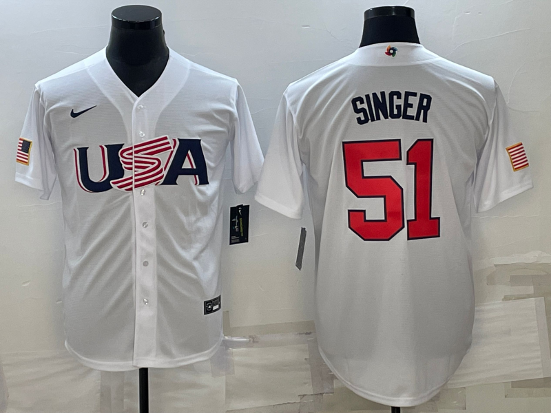 Men's 2023 World Baseball Classic Brady Singer USA White Jersey baseball jersey product view 1
