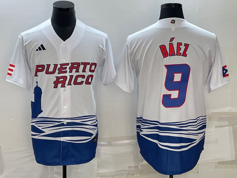 Men's 2023 World Baseball Classic Javier Baez Puerto Rico White Jersey baseball jersey product view 1