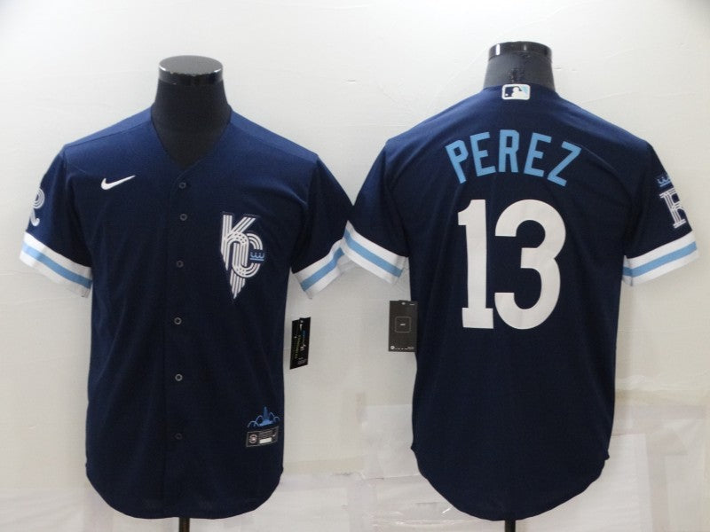 Men's Kansas City Royals Salvador Perez Navy Replica Baseball Jersey baseball jersey product view 1