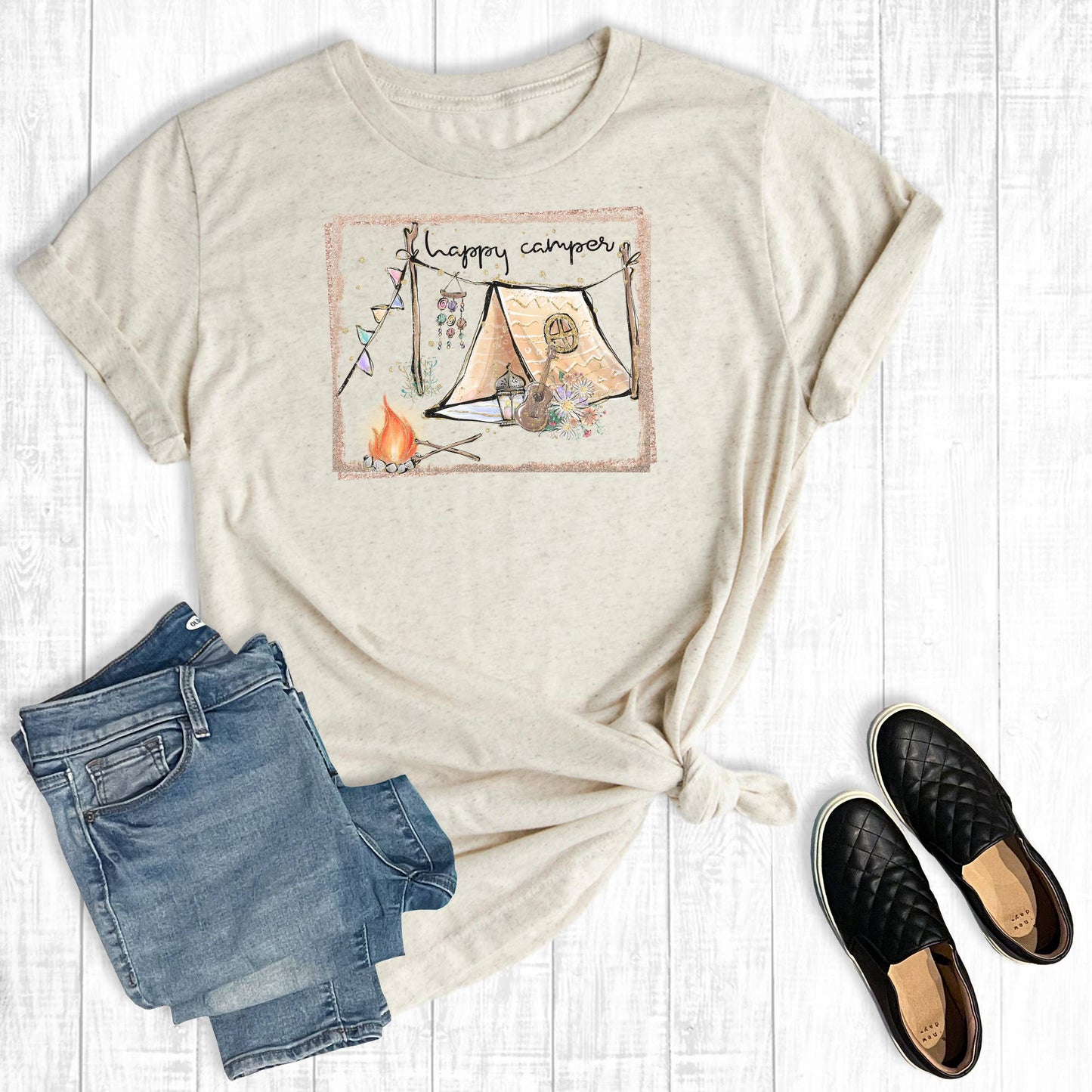 Happy Camper Boho Tent Graphic Tee Unisex T-shirt, Sweatshirt, Hoodie, Long Sleeve Tee - T-Shirt, Sweatshirt, Hoodie