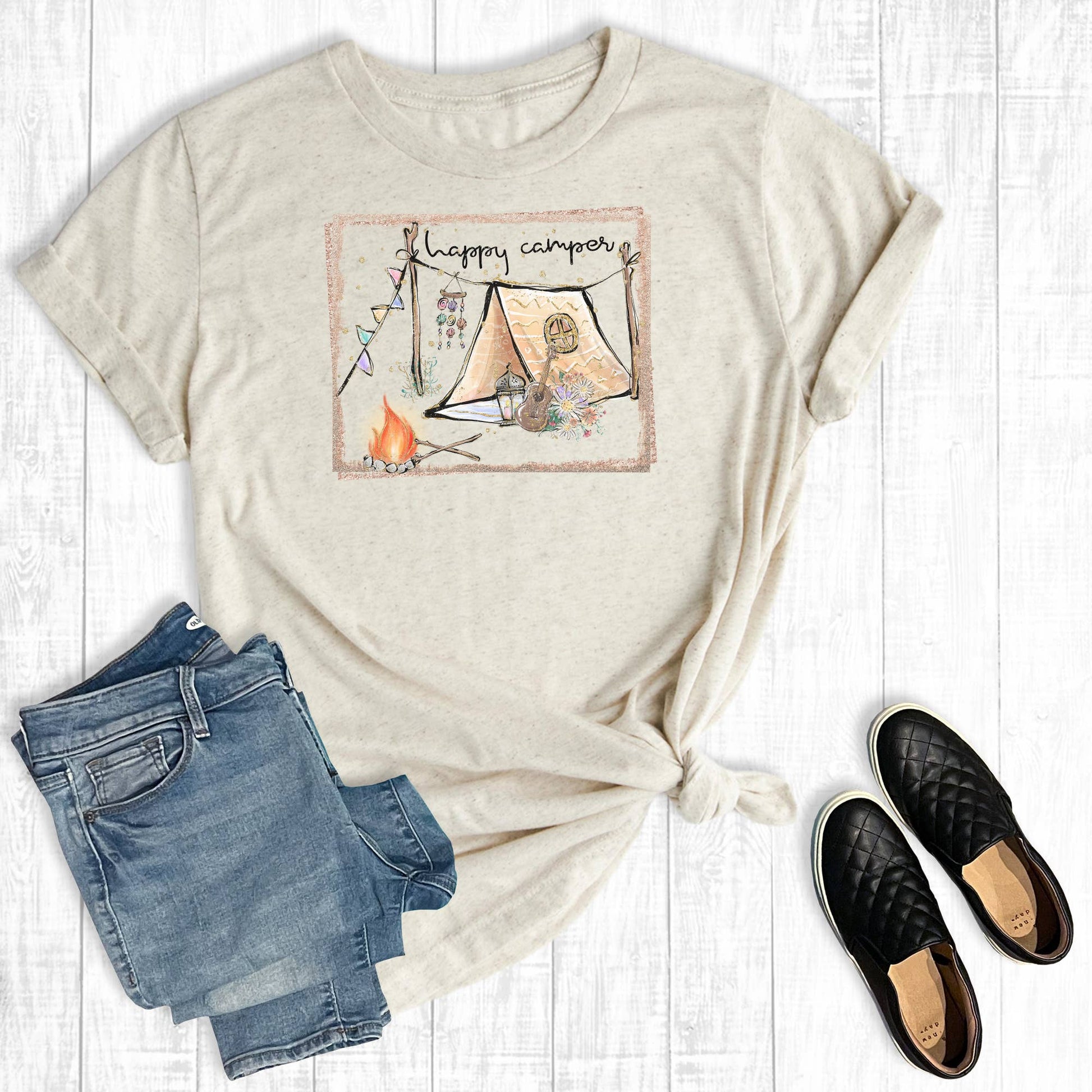 Happy Camper Boho Tent Graphic Tee Unisex T-shirt, Sweatshirt, Hoodie, Long Sleeve Tee - T-Shirt, Sweatshirt, Hoodie