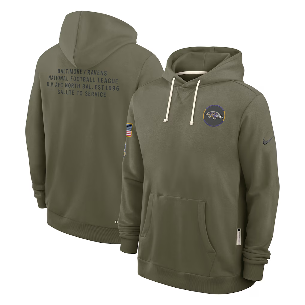 Men's Baltimore Ravens Olive 2025 Salute to Service Sideline Standard Issue Dri-FIT Hoodie football jersey product view 1