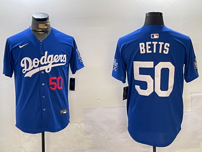 Men's Los Angeles Dodgers Mookie Betts #50 Royal Replica Player Jersey baseball jersey product view 1