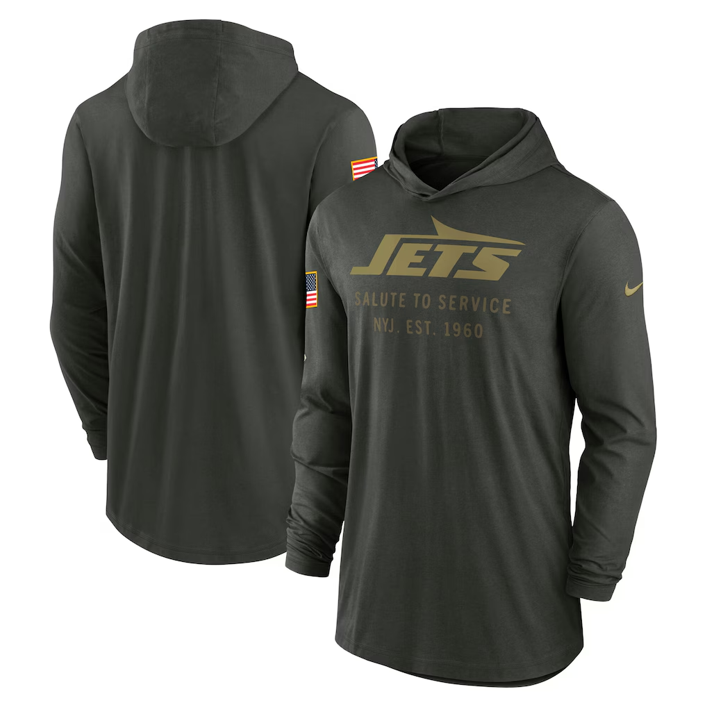 Men's New York Jets Forest Green 2025 Salute to Service Sideline Dri-FIT Lightweight Hooded Pullover football jersey product view 1