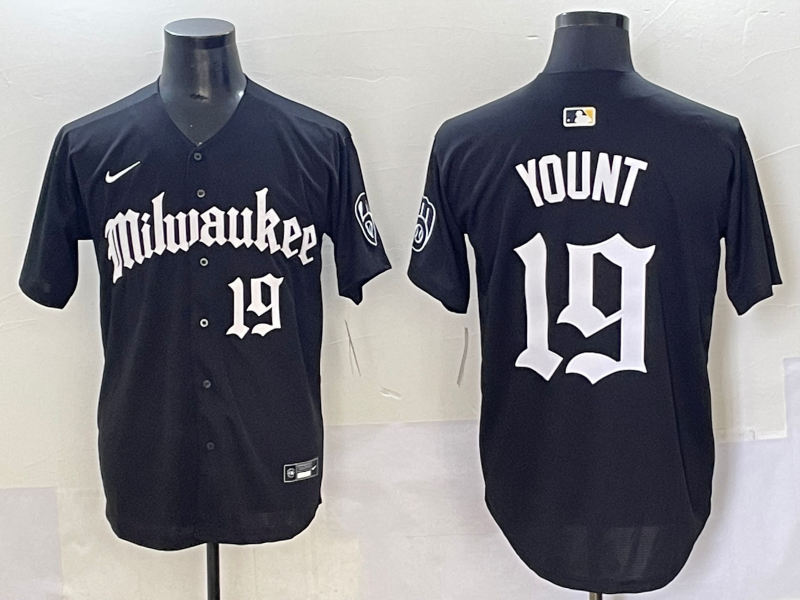 Men's Milwaukee Brewers Robin Yount Black Replica Team Jersey baseball jersey product view 1