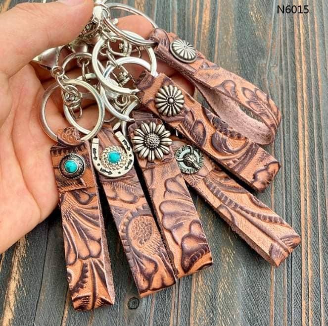 Brown Leather Keychains with Turquoise - Set of Six Unisex T-shirt, Sweatshirt, Hoodie, Long Sleeve Tee - T-Shirt, Sweatshirt, Hoodie